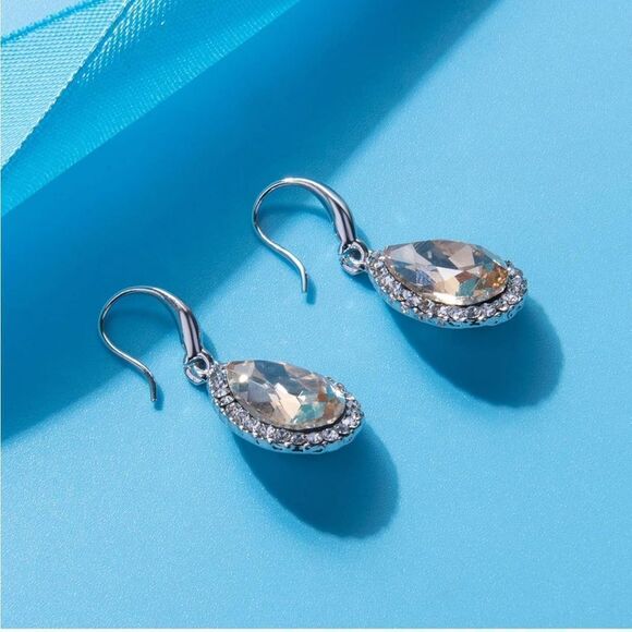 14K White Gold with Champagne Topaz Austrian Crystal Teardrop Halo Hook Earrings - Picture 4 of 6